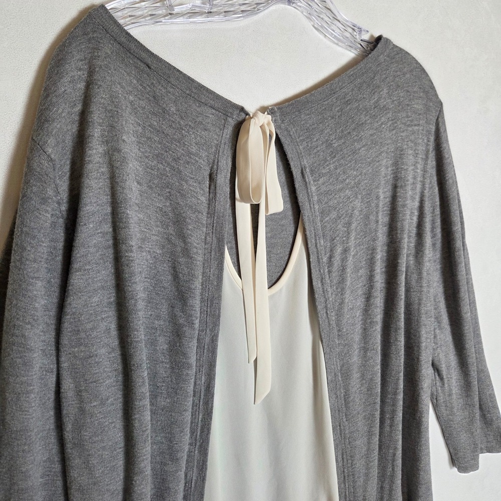 LOFT Layered Knit Sweater Top Women XL Gray Split Sheer Back Bow Silk Blend - Picture 5 of 7